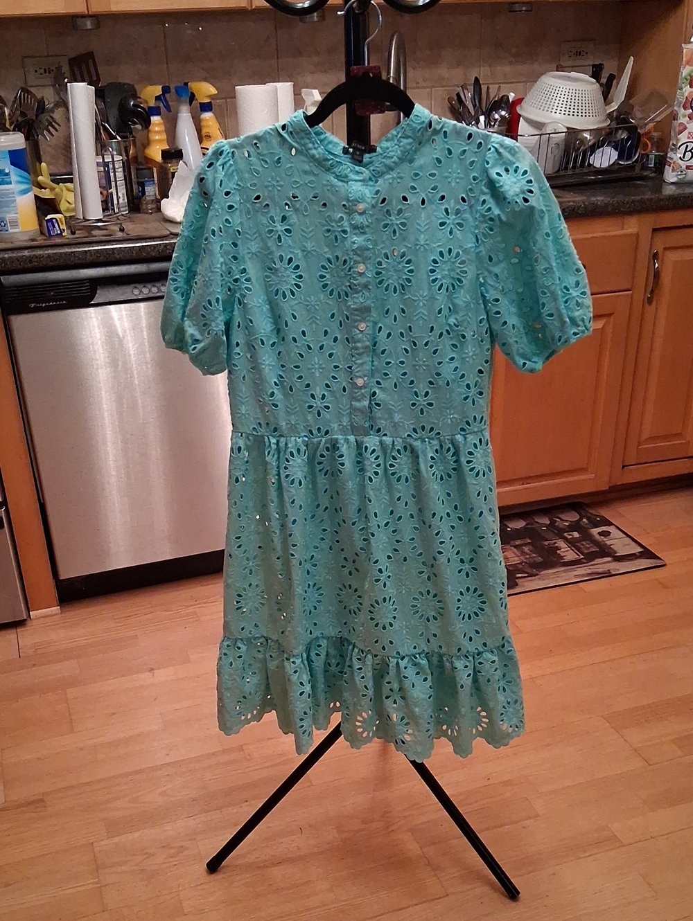 J. Crew Aqua Eyelet Mini Dress with Ruffle Hem Built In Slip Dress